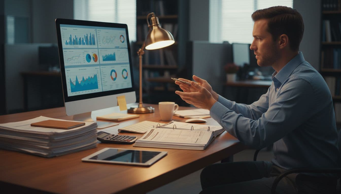 Focused professional examines financial charts and documents on a desk with blurred office background.