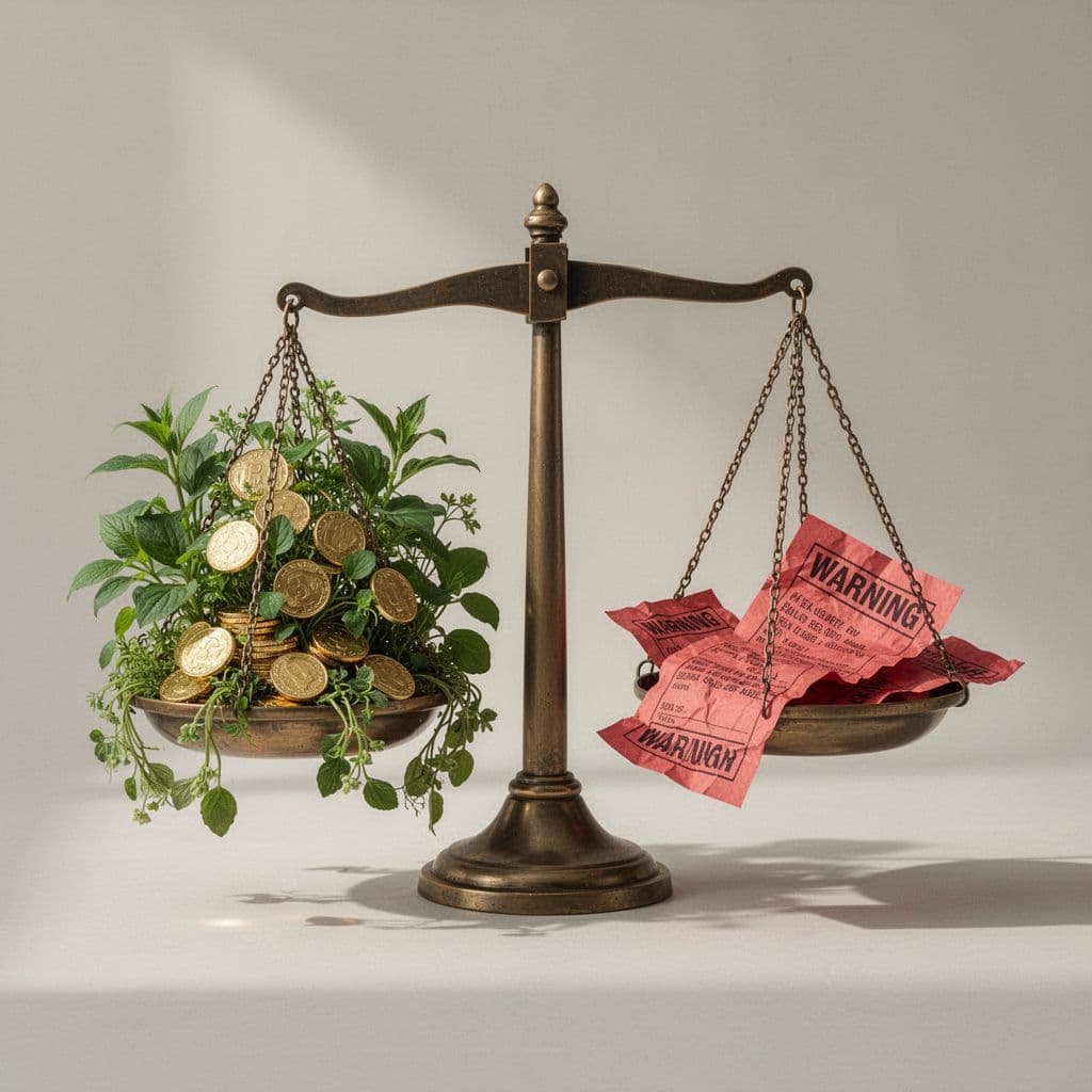 Illustration of a scale with tax savings shown as growing plants and money icons on one side, outweighed by DIY risks like penalty notices on the other, in simple flat design with neutral colors.