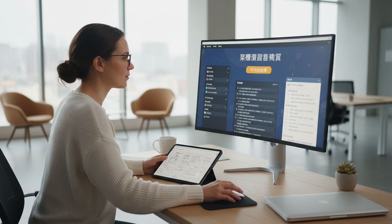 A teacher at a computer in a modern office uses an AI tool to automatically generate course quizzes, with a laptop and tablet on the desk under soft natural light in a realistic style.