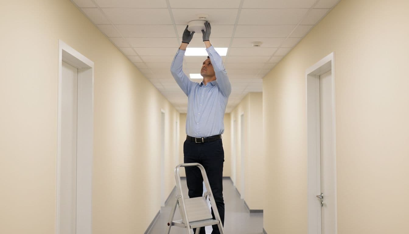 玻璃隔間後 Wi-Fi 變差?AP 點位與材質補救重點 A technician on a ladder adjusts a white wireless access point mounted to an office ceiling.