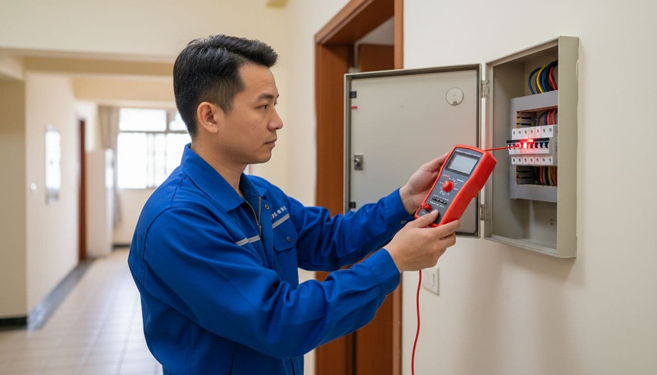 A professional technician in work uniform naturally holds a leakage checker to test the electrical switch box in a Taiwanese indoor setting under daylight. The instrument displays a lit warning light indicating leakage, in a realistic photo with exactly one person using both hands.