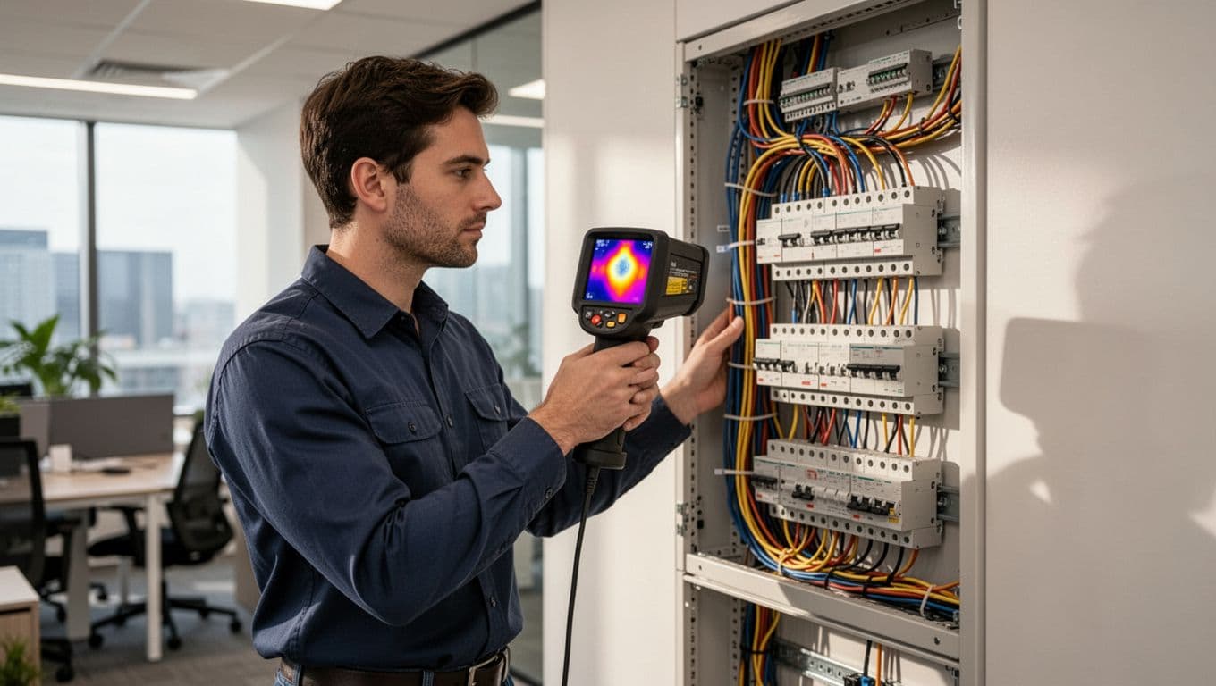 A technician holds an infrared thermal imager with both hands to inspect a circuit breaker box and wires in an office.
