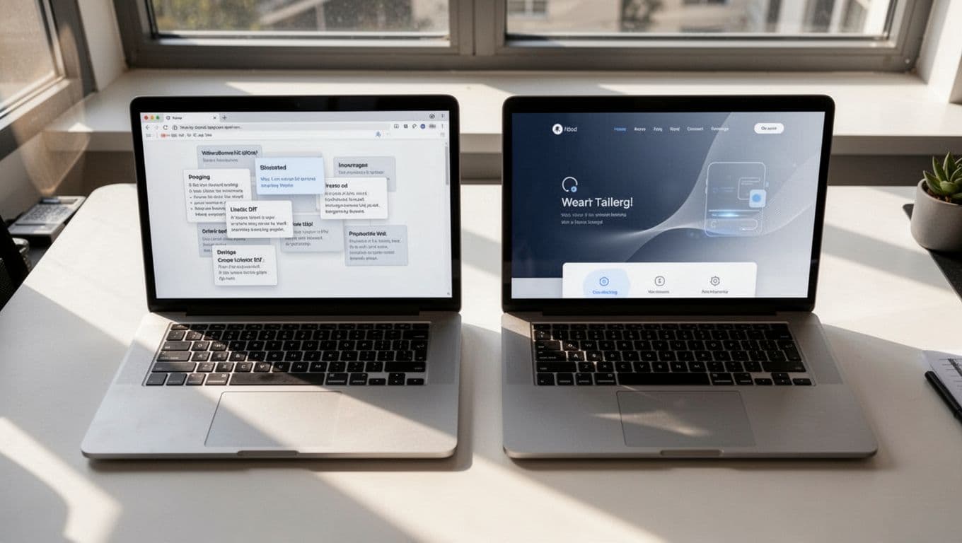 Top-down desk view of two laptops: left cluttered template layout, right sleek custom design.