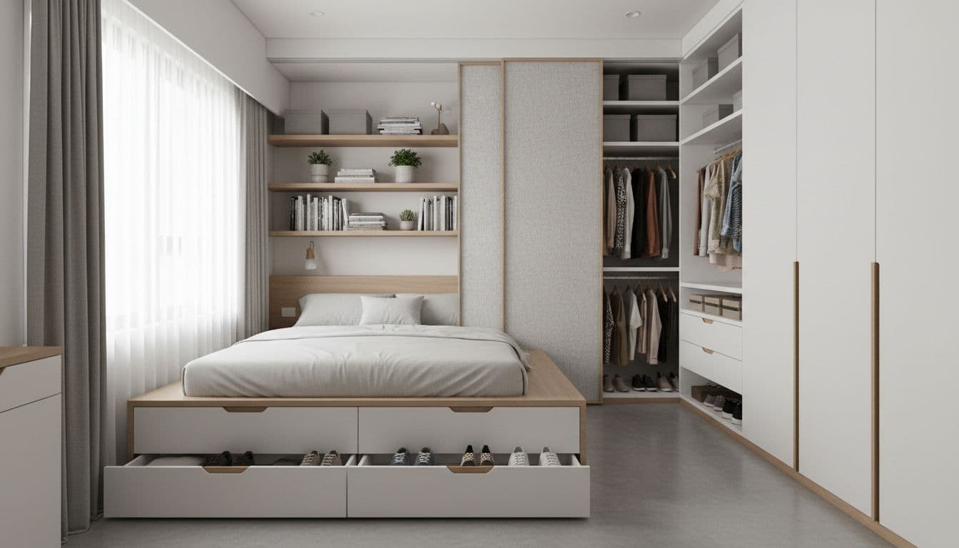 Efficient storage solutions in a cozy 12-ping apartment bedroom in Taiwan, with custom wardrobes, under-bed drawers, wall-mounted shelves, and a hidden closet behind sliding panels.