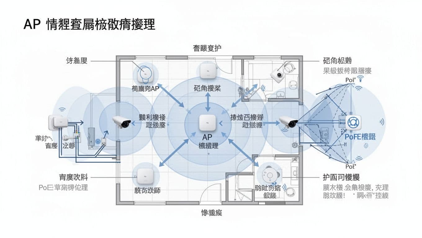 Clean, modern landscape infographic for a Traditional Chinese blog, illustrating optimal AP and monitor placement on a simplified floor plan grid with icons, coverage circles, view angles, dead zones, and PoE wiring guidelines using minimal blue-gray colors and thin lines.