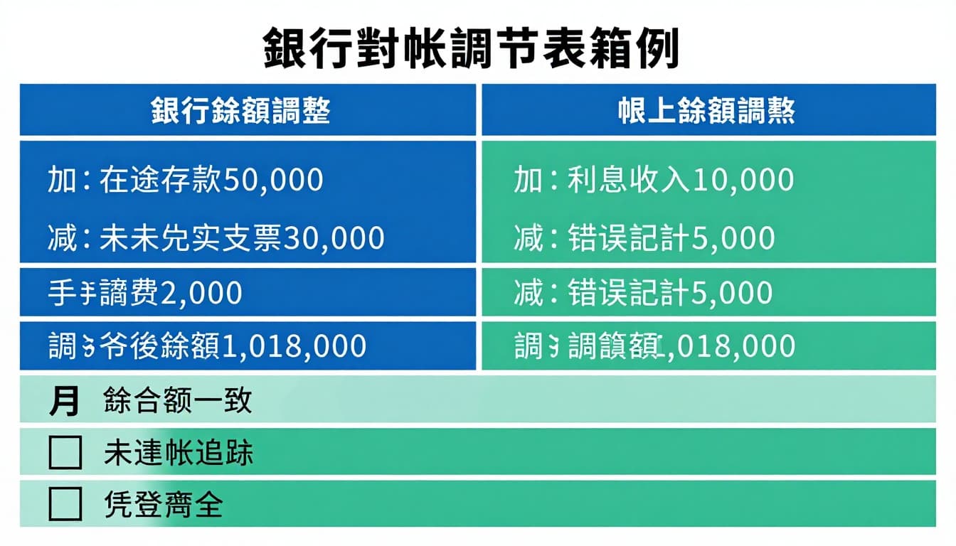 專業會計教學資訊圖表，呈現銀行對帳調節表範例，包含左欄銀行餘額調整（在途存款、未兌現支票、手續費）與右欄帳上餘額調整（利息收入、錯誤記帳），調節後餘額一致，並附月末檢核清單。採用藍綠色調、乾淨留白排版，A4直式無邊框。