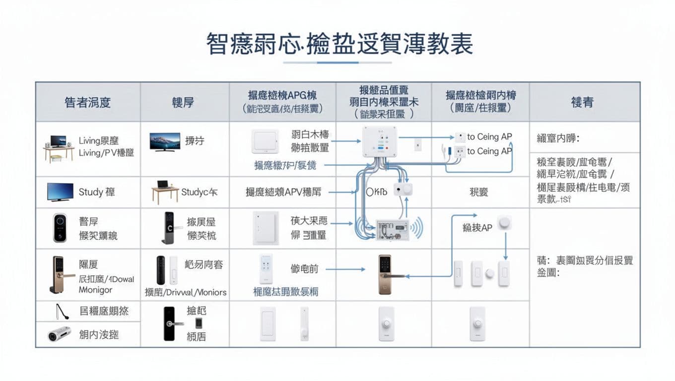 Clean modern infographic in landscape format for a Traditional Chinese blog, displaying a professional table with examples for smart home weak current pre-construction positioning. Features columns for space/location, equipment, pre-reserved box/pipe details, cable types, endpoint locations, height, and notes, with rows for living room, study, ceilings, doors, and more.