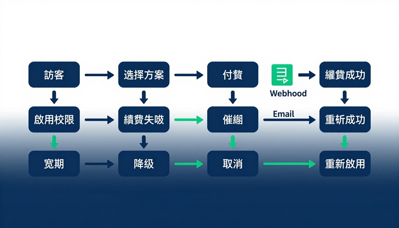 乾淨現代扁平化向量資訊圖，白底背景，使用繁體中文標籤清楚顯示從訪客到重新啟用的會員訂閱生命週期流程，包括Webhook、Email、SMS通知小圖示。