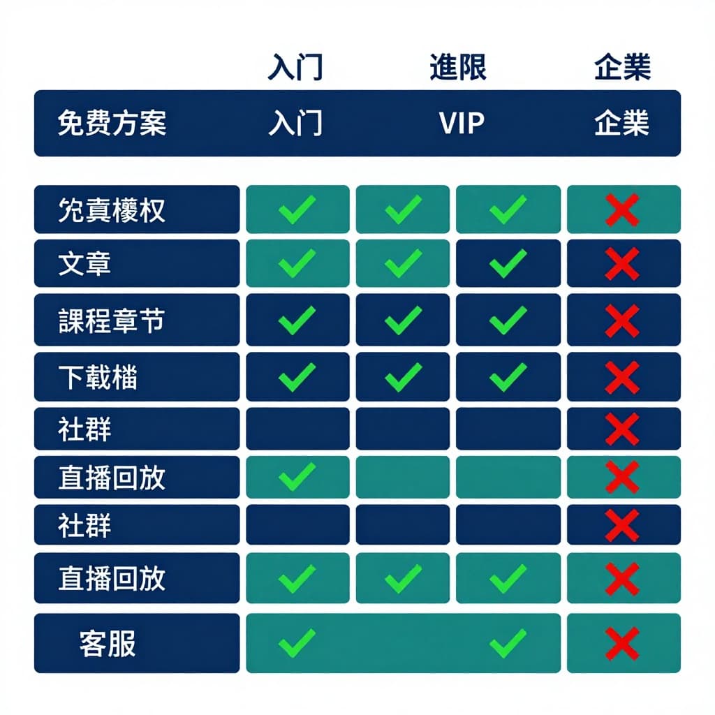 A clean, modern flat vector infographic on a white background with dark blue and teal accents, featuring Traditional Chinese labels for subscription plans (Free, Entry, Advanced, VIP, Enterprise) on the horizontal axis and permissions (articles, course chapters, downloads, community, live replays, customer service) on the vertical axis. Green checkmarks and red crosses in a professional matrix indicate access levels, ideal for blogs in 4:3 ratio.