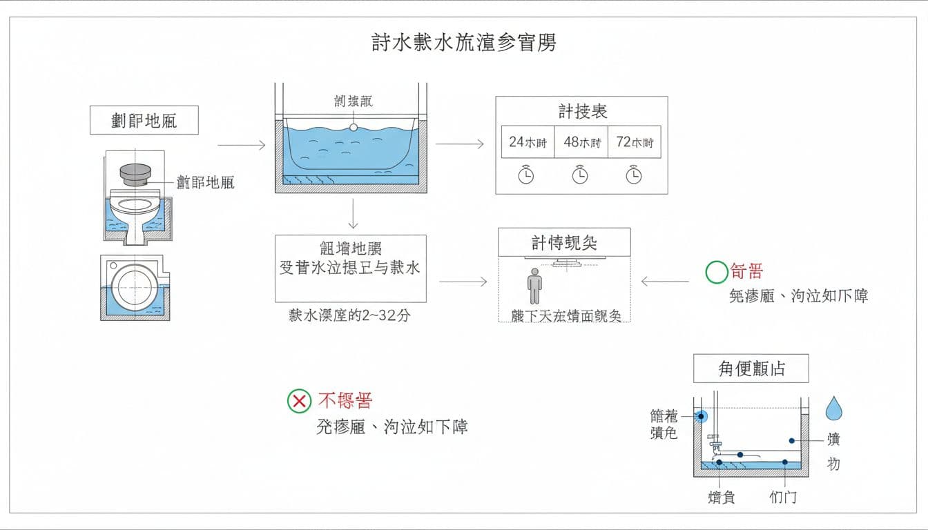 以灰黑細線條繪製的室內裝修防水試水蓄水流程圖，包含封堵地漏、設置水位標記、24/48/72小時計時檢查、樓下滲漏巡查及常見漏點標示，使用藍色強調水位與漏點，所有標註為清楚繁體中文。