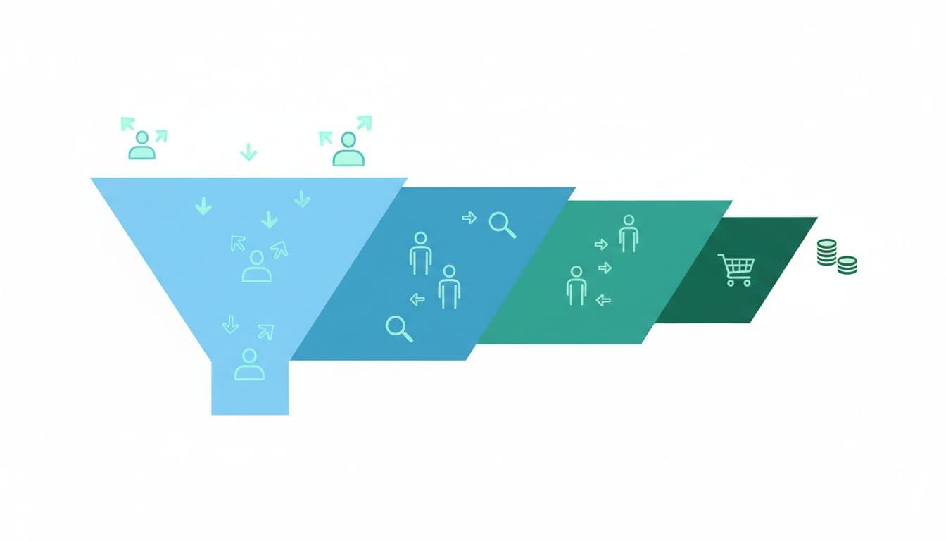 Horizontal funnel illustration with icons for visitors, leads, and purchases in blue-green tones.