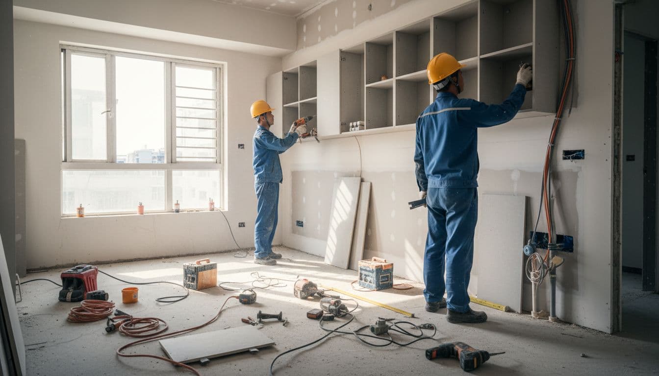 Two Taiwanese workers in safety helmets and work clothes install system cabinets and water-electric pipes indoors, with tools on the floor, half-finished walls, and sunlight streaming through windows in a realistic style.