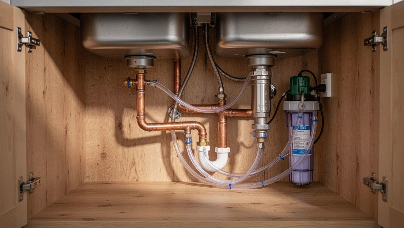廚房翻新水電指南:IH爐洗碗機與淨水器配置重點 Realistic photo of an under-sink kitchen cabinet showing dishwasher water inlet, drain hose, and water purifier system with clean copper pipes, neatly secured plastic hoses, and nearby electrical outlet for purifier pump in wooden interior under soft light.