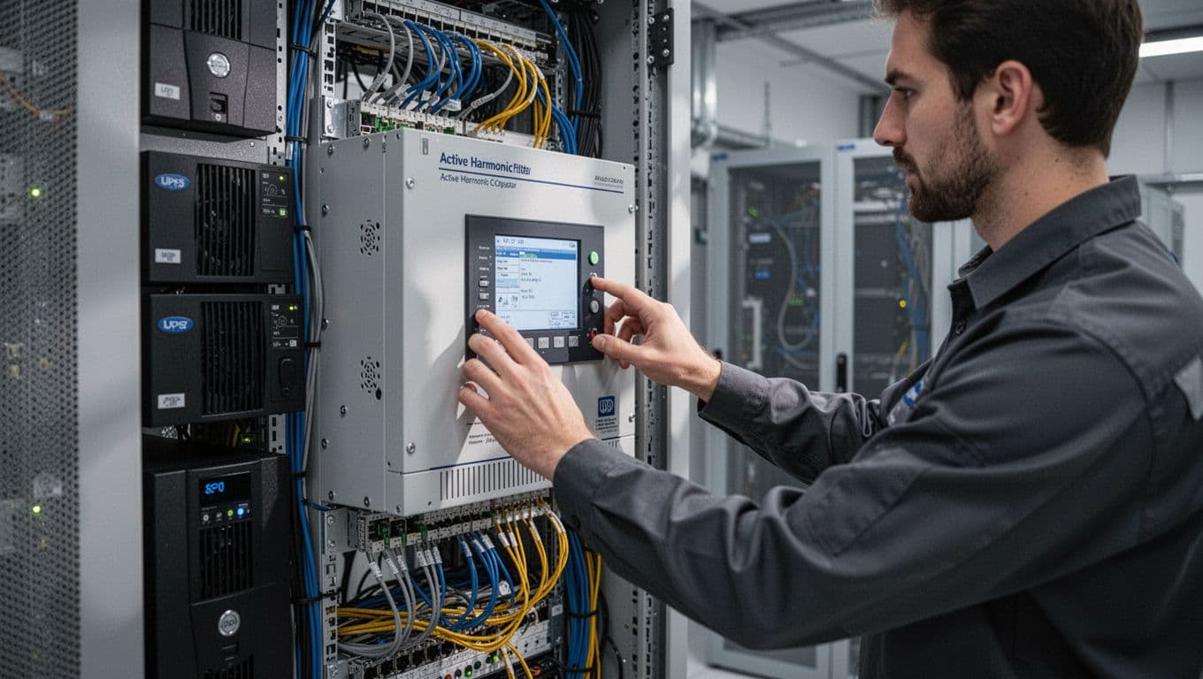 諧波過高怎麼處理,變頻器、UPS、LED 的實務對策 Technician adjusts active harmonic suppressor beside server racks in modern UPS room with neat cables and soft lighting.