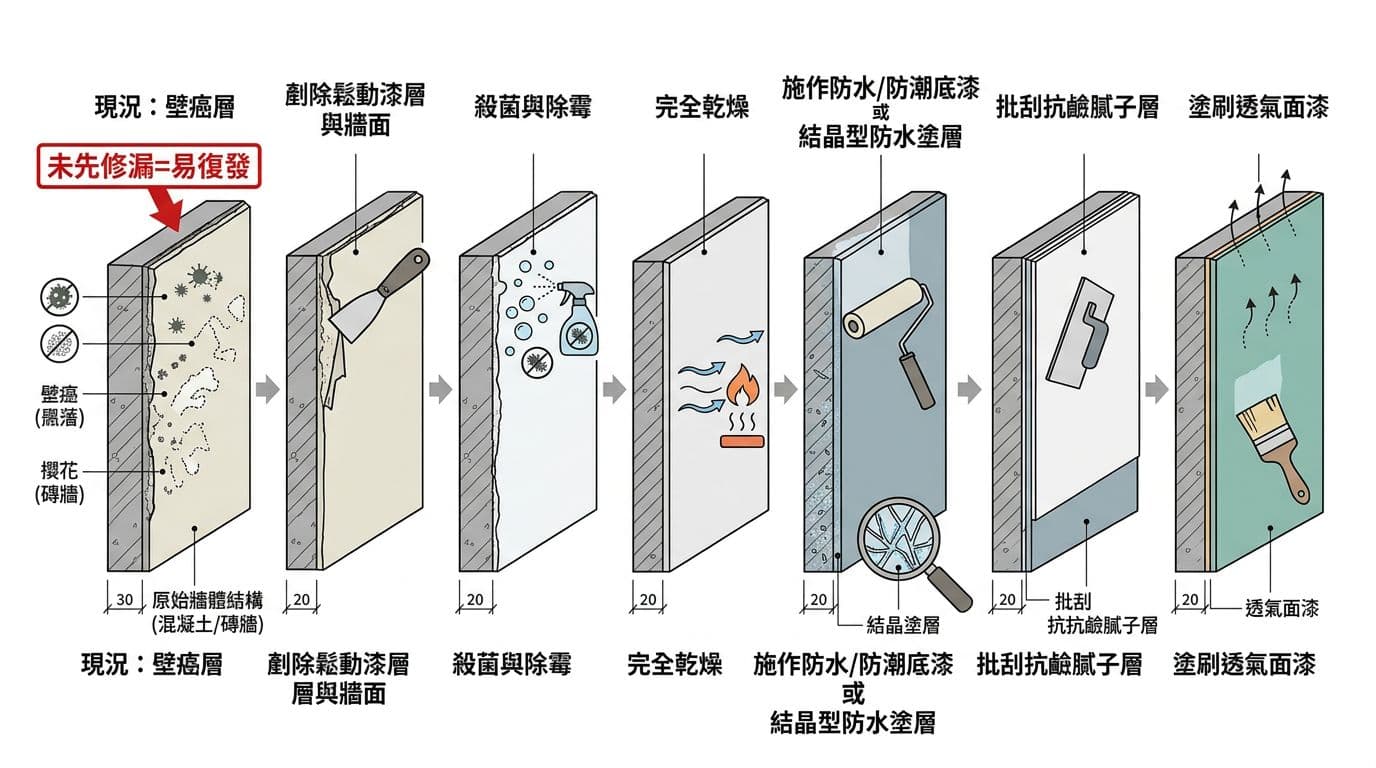 Cross-sectional diagram showing wall cancer repair steps: remove loose layers, sterilize mold, dry, apply waterproof primer, alkali-resistant putty, and breathable topcoat. Features Traditional Chinese labels and warning '未先修漏=易復發'.