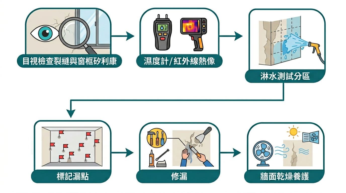 Step-by-step infographic flowchart showing the process from visual inspection for cracks and silicone issues, to moisture meter and infrared imaging, sectional water spraying test, marking leak points, repairing leaks, and wall drying maintenance. Clean printable design with Traditional Chinese labels on a white background.