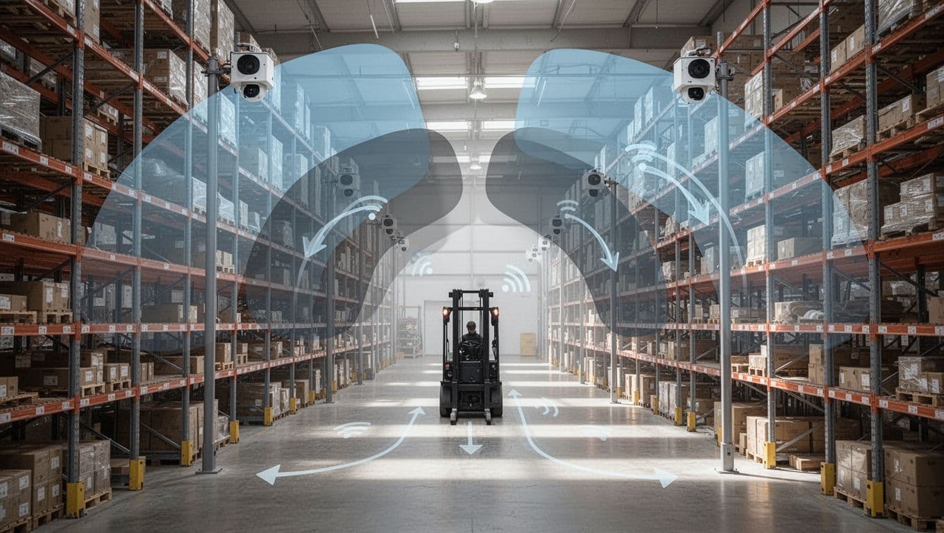 倉庫 Wi-Fi 規劃怎麼做,貨架遮蔽與漫遊一次看懂 Wide view of a warehouse logistics center showing forklift paths through overlapping Wi-Fi coverage zones, with diagram arrows illustrating seamless handover between access points.