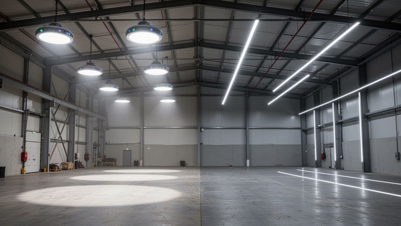 工廠高天井燈具怎麼選?UFO燈與線型燈比較 Split warehouse interior with circular UFO high bay lights on one side and long linear LED lights on the other.