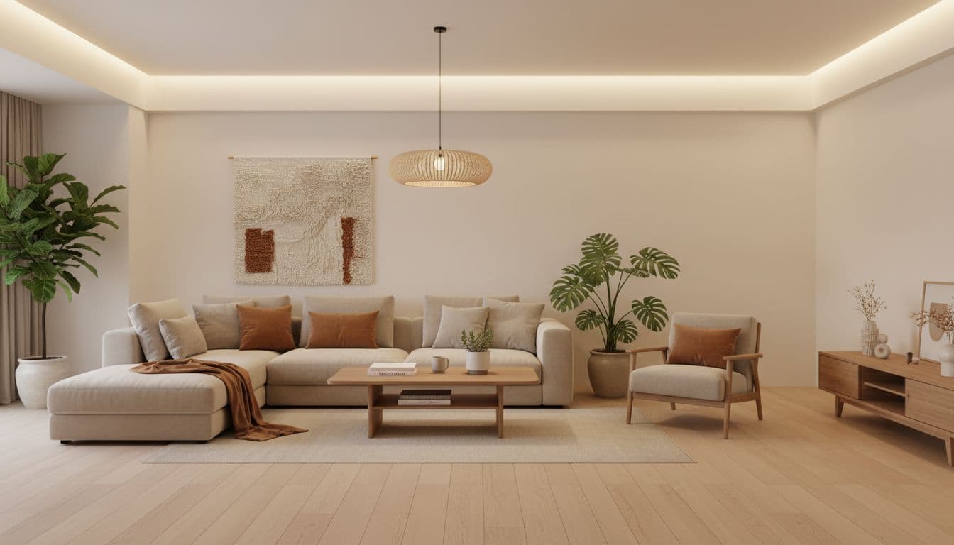 A warm milk tea-toned modern Taiwanese living room featuring off-white walls, light wood floors, soft beige fabric sofa, green plant accents, and soft warm lighting. Open bright space with minimalist furniture, textured fabric decorations, natural realistic style, soft focus light, high resolution, empty of people.