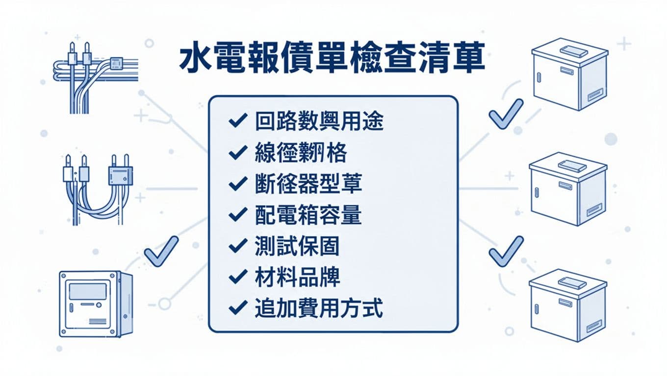 水電報價單檢查清單資訊圖，列出回路數用途、線徑、斷路器、配電箱容量、測試保固、材料品牌與追加費用方式等重點。