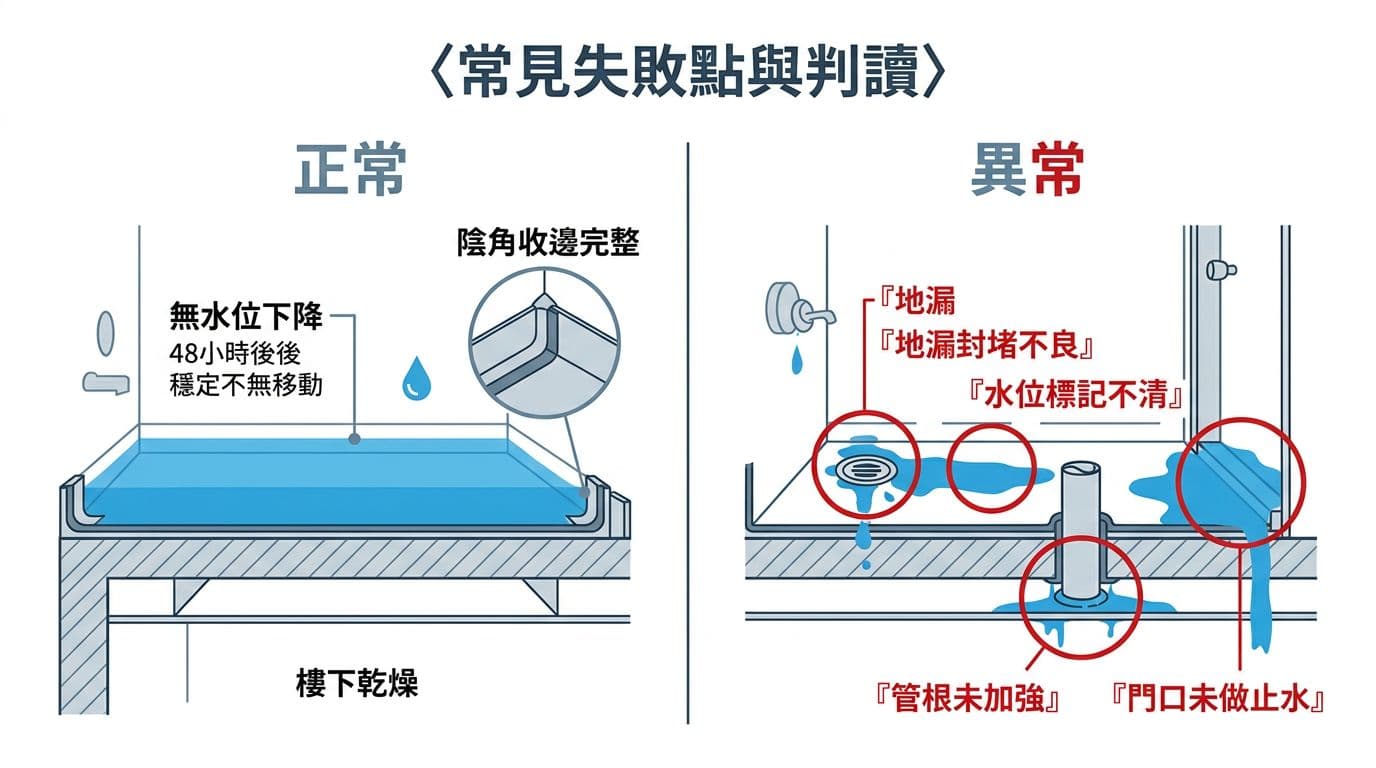 防水工程驗收:閉水試驗流程與照片清單 居家防水工程驗收示意圖,左側正常(無水位下降、樓下乾燥、陰角收邊完整),右側異常(地漏滲水、牆角起泡、樓下水漬、門口外溢),紅圈標註問題點如地漏封堵不良、水位標記不清等。乾淨扁平工程圖風格,白底藍灰配色,繁體中文標註,適合部落格內嵌。