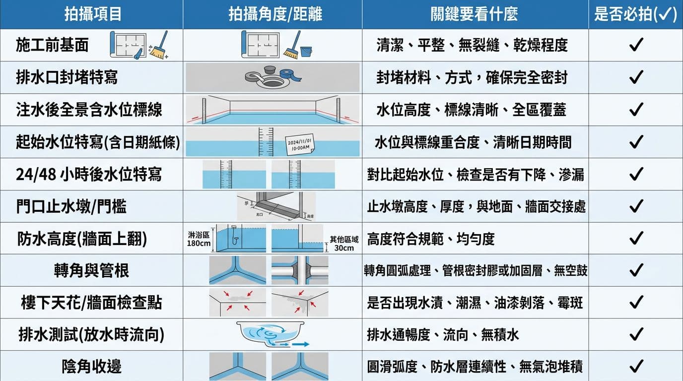 防水工程驗收:閉水試驗流程與照片清單 乾淨扁平化工程圖表格,列出防水工程驗收必拍項目、拍攝角度、關鍵檢查點及是否必拍,包含施工前基面、注水測試水位、止水墩等。白底藍灰配色、繁體中文標註,適合居家裝修部落格內嵌。