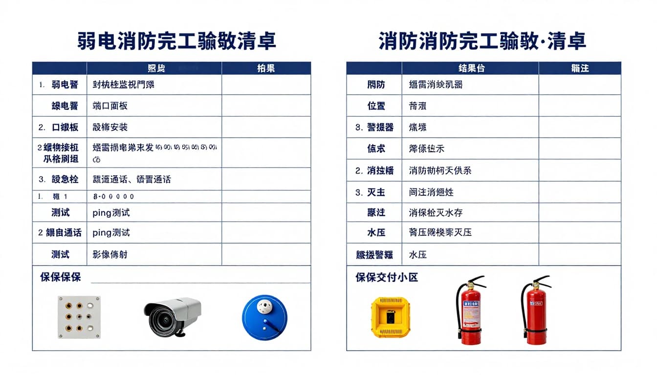 完工驗收必備表單包,水電, 弱電, 消防的照片清單, 測試項目與保固交付清單 A4直式專業乾淨文件風格的弱電消防完工驗收清單表格,分左欄弱電系統與右欄消防設備,包含拍照清單、測試項目、位置照片結果備註及下方保固交付區塊。