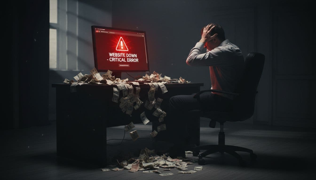 A panicked worker in a dim office stares at a computer screen showing a website error page with flashing red warning lights, surrounded by scattered cash piles symbolizing downtime costs.