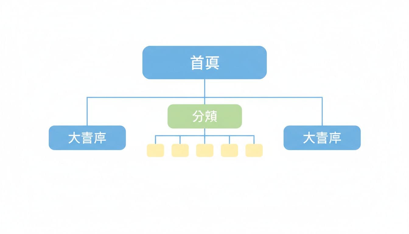 Tree diagram showing website hierarchy with homepage, categories, and article pages on white background.