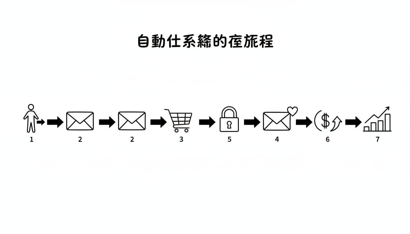 Simple whiteboard flowchart showing visitor site entry, email collection, payment, course access, nurture, upsell, and data tracking with minimal icons and numbered steps 1-7.
