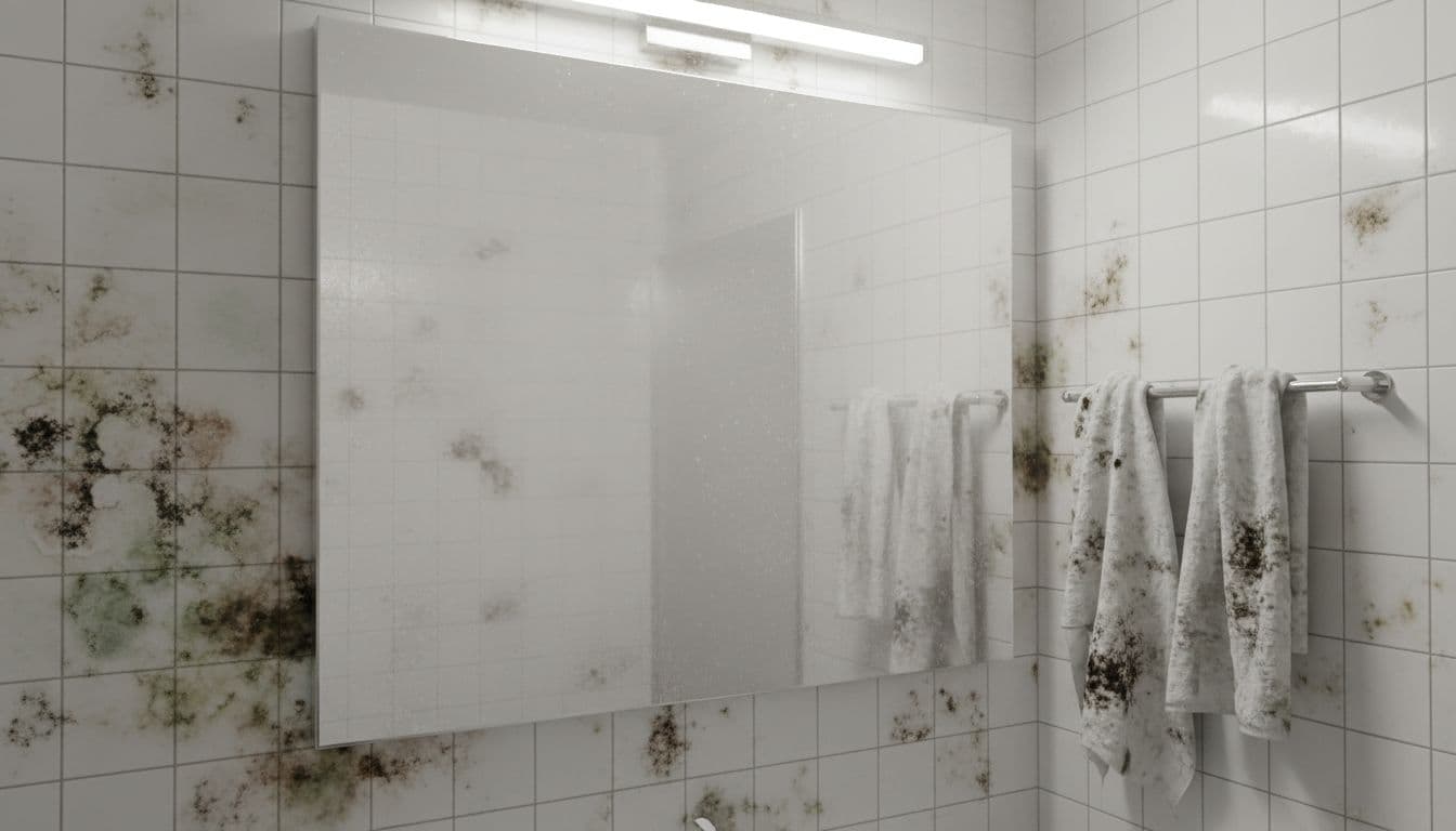 Realistic close-up photo of a modern windowless bathroom with poor ventilation, featuring mold spots on white tiles and walls, a steamy foggy mirror, and damp towels under dim artificial light.