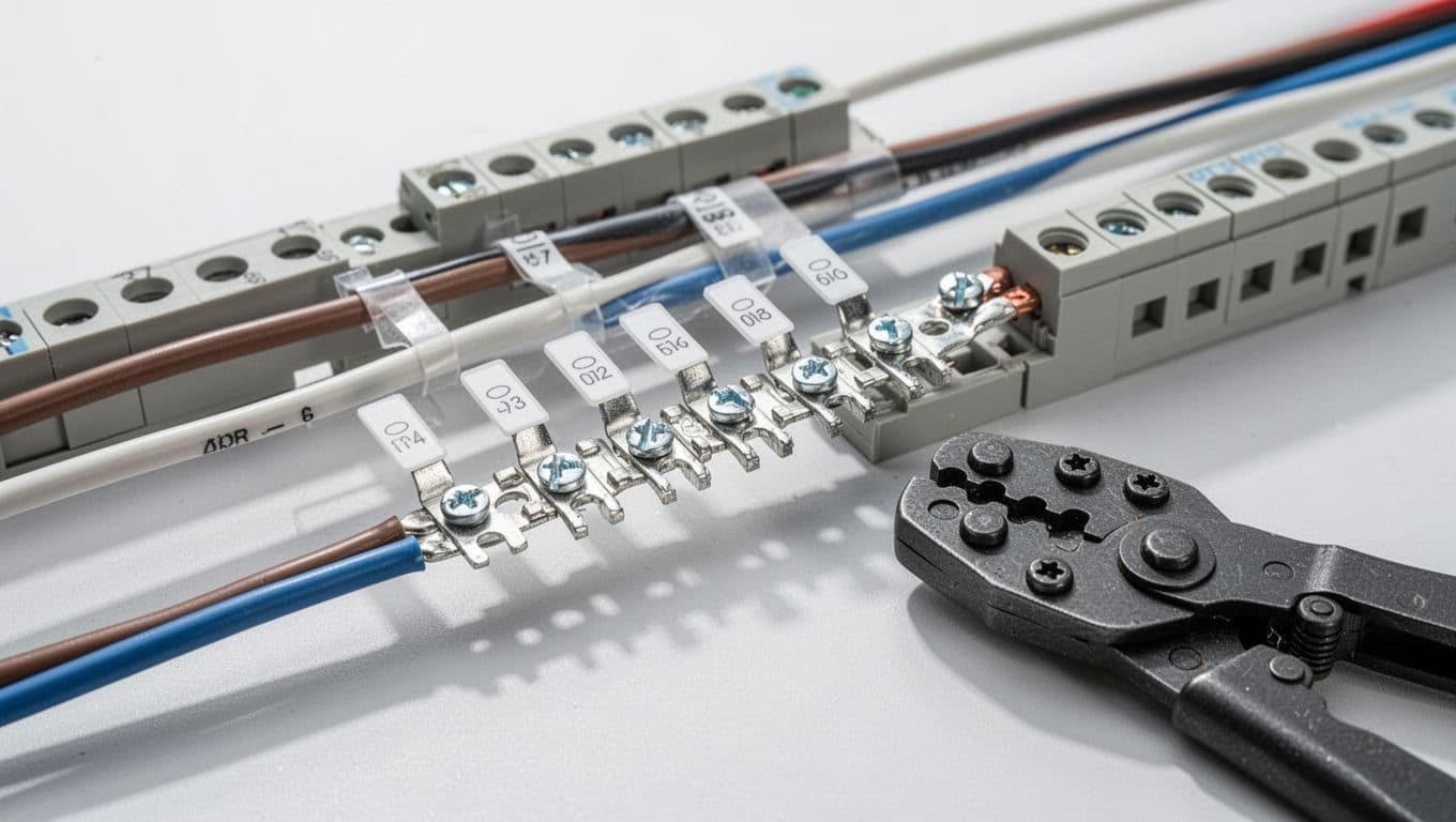 PLC 控制盤配線標準怎麼做,線號端子與維修友善的現場實務 Close-up of wires with white labels like X1-01 crimped onto DIN rail terminals, crimping pliers nearby.