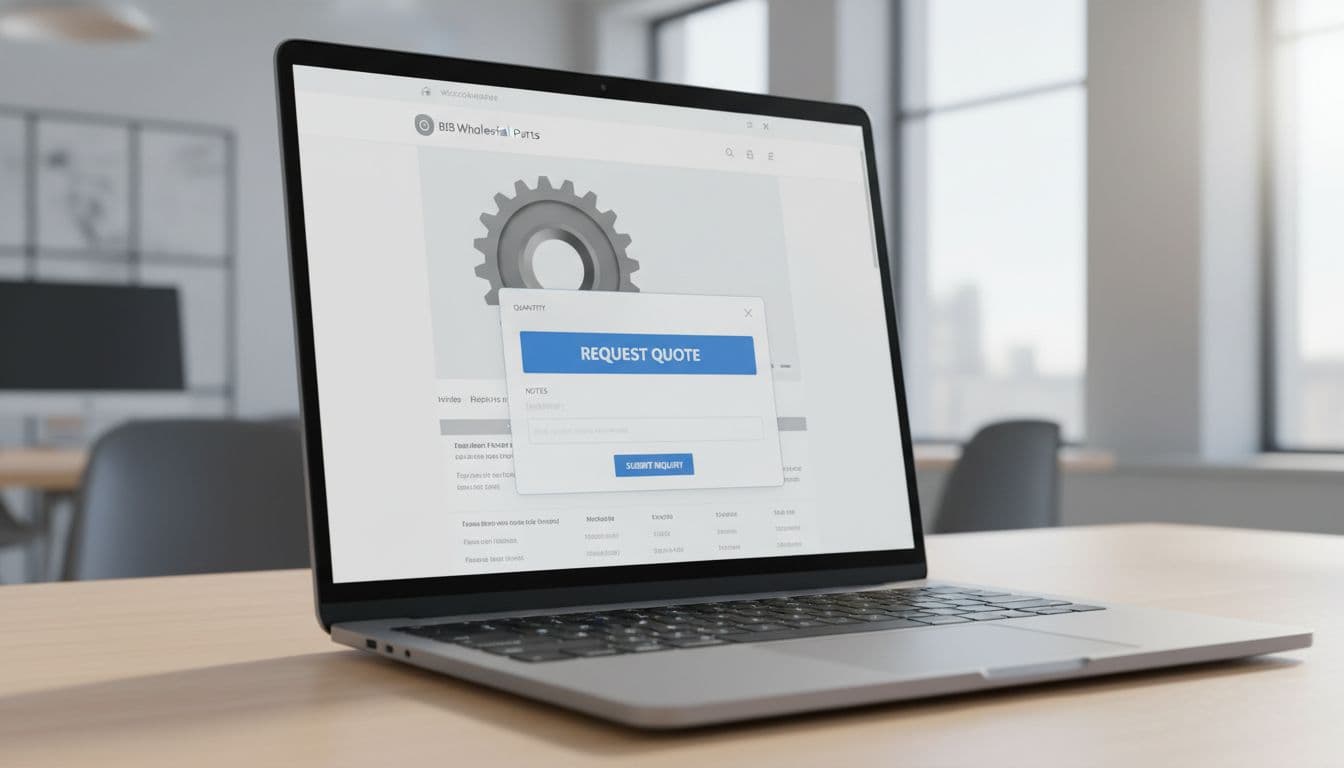 Realistic view of a WooCommerce product page for B2B industrial parts on a laptop screen in a modern office, featuring a prominent Request Quote button and subtle background popup form for quantity and notes.