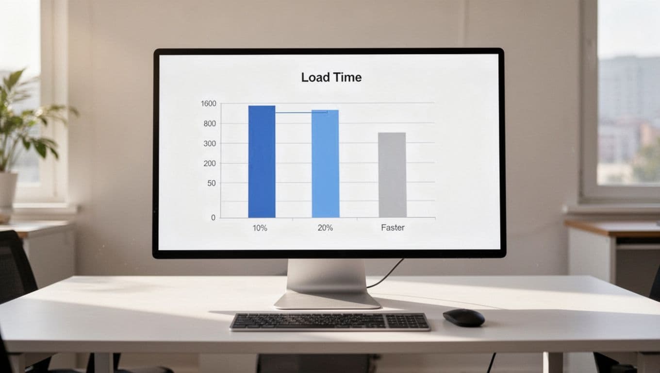 Realistic photo of a minimalist office desk setup with a computer screen showing a simple bar chart graph comparing WooCommerce checkout page load times reduced from 5s to 1.5s, soft lighting, clean and professional.