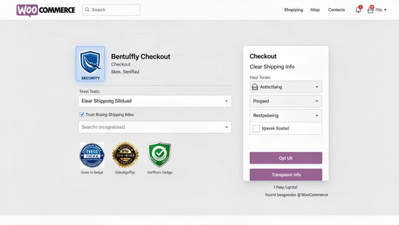 Desktop view of a modern WooCommerce checkout page showcasing security badges, clear shipping information, and trust signals on a neutral background with clean professional composition.