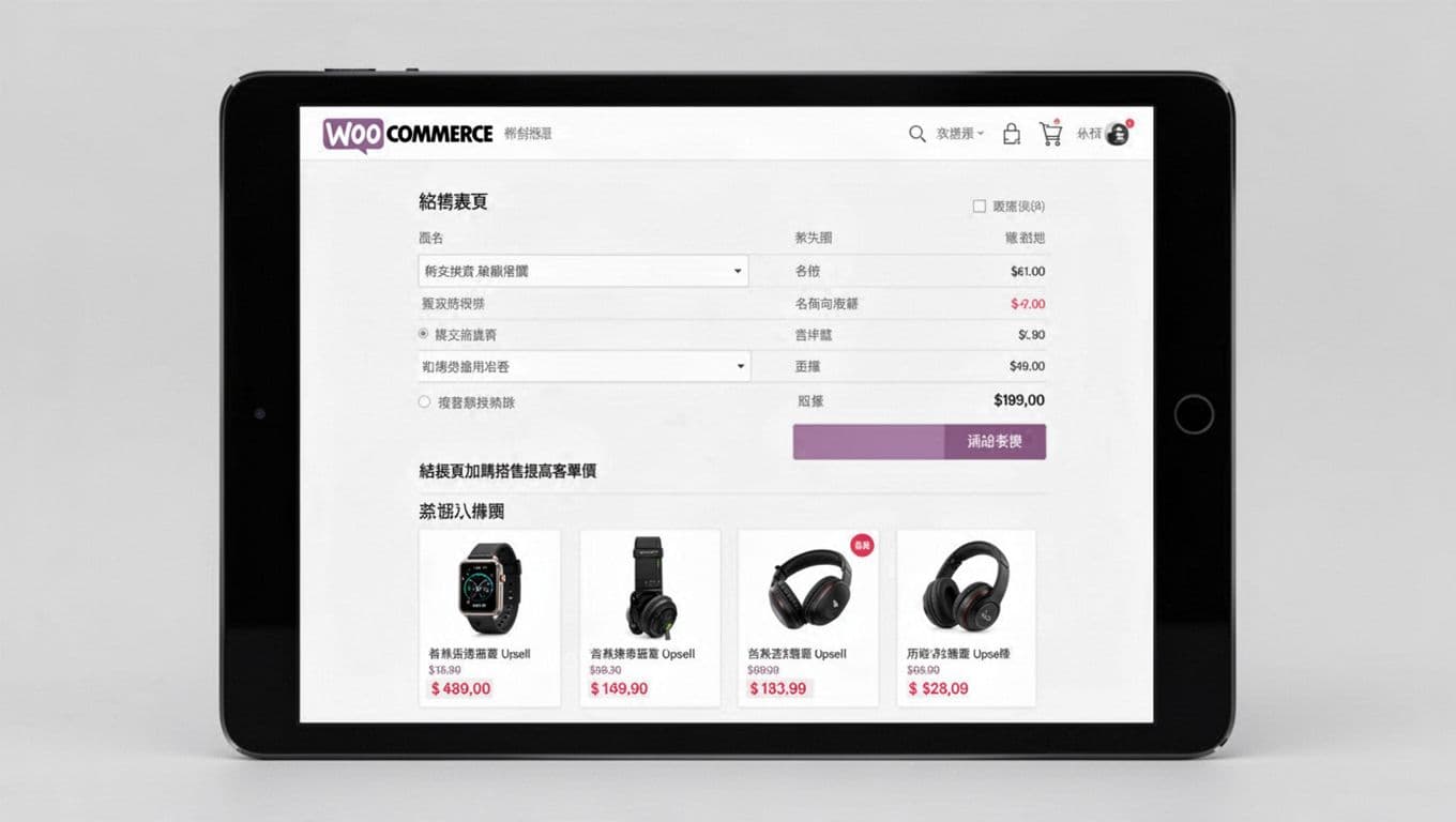 Clean WooCommerce checkout interface on a tablet displaying upsell product recommendations like related accessories below the cart summary. Neutral setting with professional lighting, no visible text on screen, no people or logos.