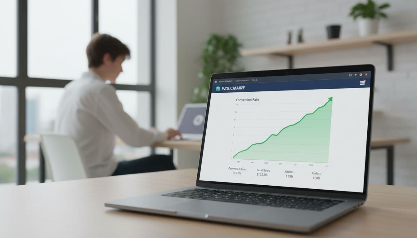 A modern e-commerce dashboard on a laptop screen shows WooCommerce analytics featuring a rising conversion rate graph, with one person at a desk in a bright office under soft natural lighting.