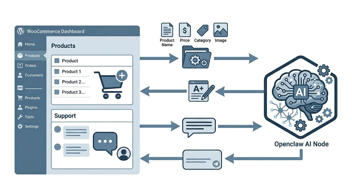 openclaw WordPress 整合:6 大應用場景,讓網站變成可執行的營運工具 A flat blue-gray vector diagram illustrating the WooCommerce store backend interface connected to OpenClaw AI node, showing automated product description generation and customer reply workflows with icons for shopping cart, chat bubble, AI brain, and central arrow flow from product data to generation and updates.