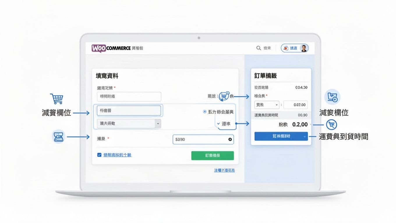 Clean SaaS-style flat UI mockup of an optimized WooCommerce checkout page with Traditional Chinese labels, field grouping, sticky order summary, and optimization highlights.