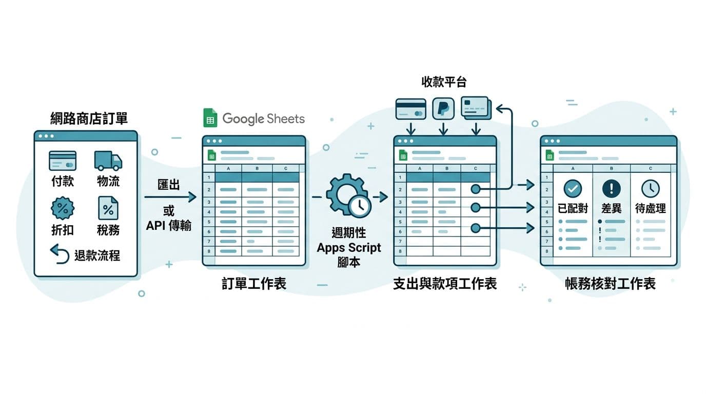 Flat design infographic flowchart illustrating WooCommerce orders flow including payments, shipping, discounts, taxes, and refunds exporting to Google Sheets for payouts via Stripe, PayPal, ECPay, and reconciliation, using Traditional Chinese labels.