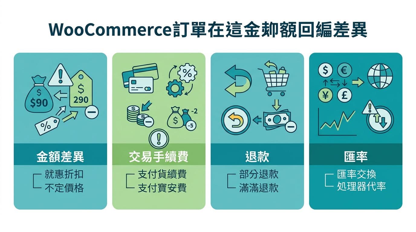 Flat design infographic highlighting reconciliation differences in WooCommerce orders, including amount differences, transaction fees, refunds, and exchange rates with Traditional Chinese labels and alert-style icons on a clean white background.