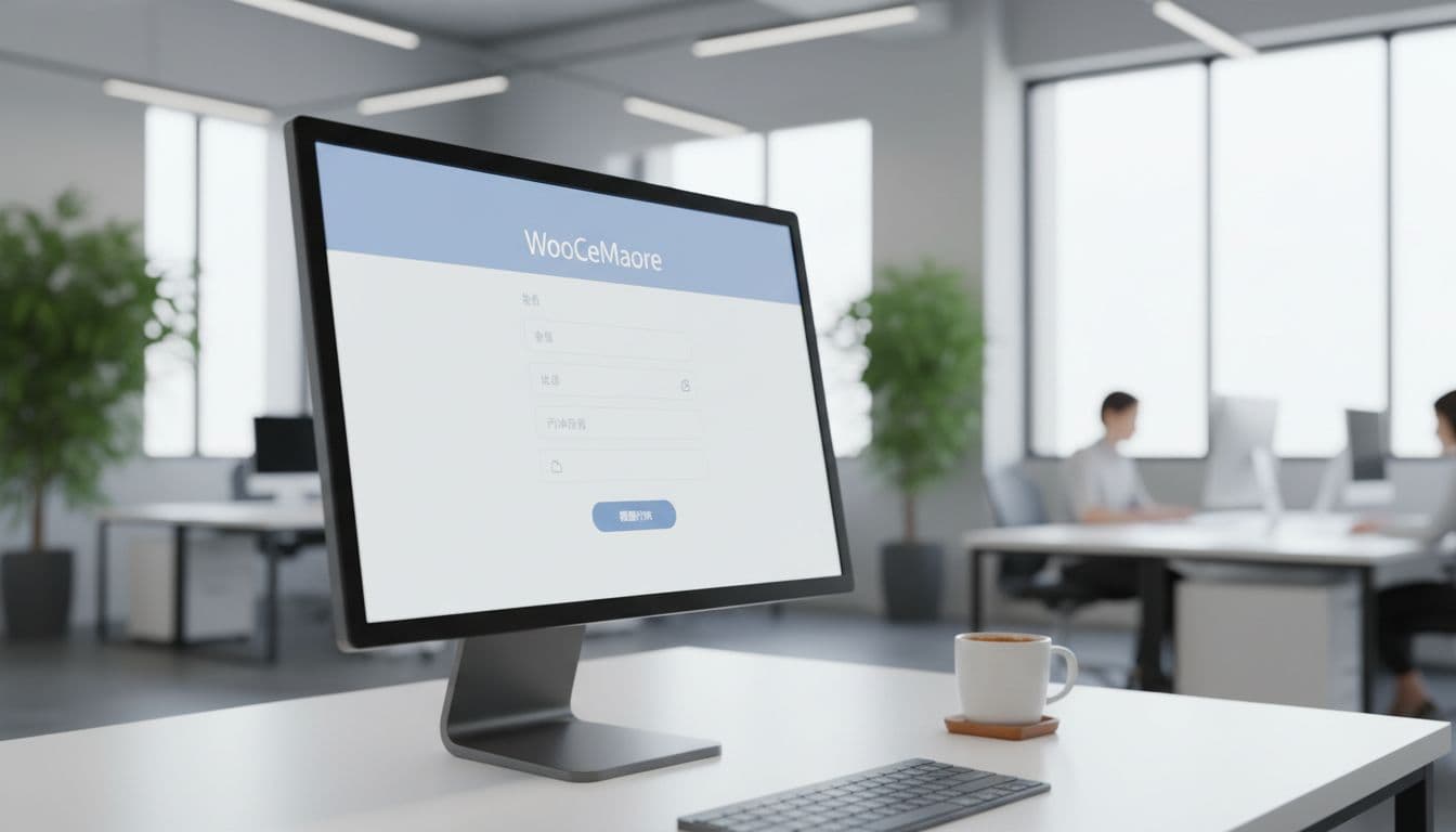 Office computer screen shows clean checkout form with name, address, payment fields; coffee cup on desk.