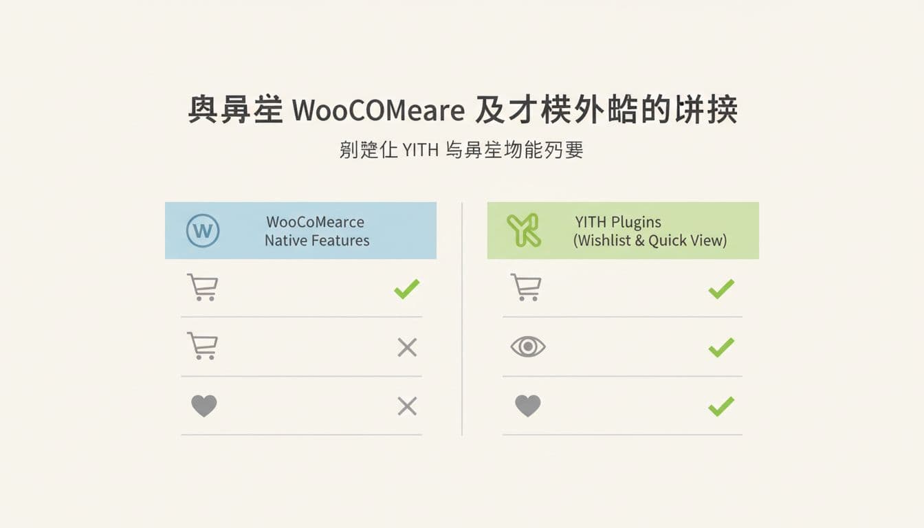 Side-by-side infographic chart comparing native WooCommerce features with YITH plugins like wishlist and quick view, featuring simple icons, checkmarks, neutral background, and soft lighting.