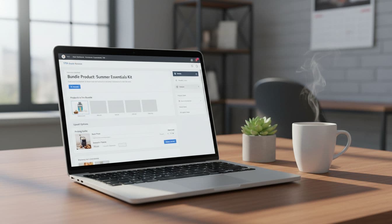 Laptop screen angled on an office desk displays WooCommerce admin dashboard with YITH bundle product setup, including product bundles, upsell options, and pricing rules in a clean interface, accompanied by a coffee mug under natural daylight.