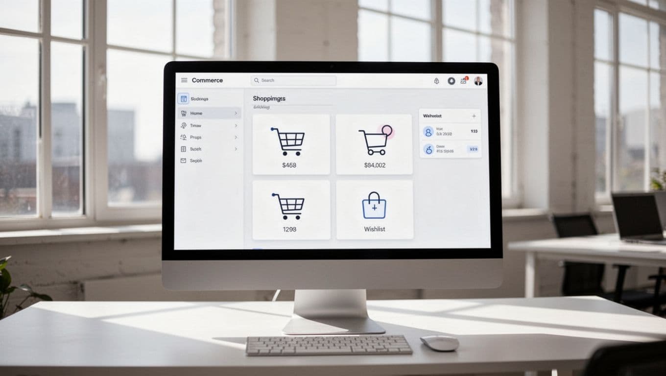 Modern WooCommerce store dashboard on a desktop computer screen displaying YITH plugin settings menu with cart and wishlist icons in a clean professional interface. Bright office setting with soft natural lighting, one computer only, no people or extra devices.
