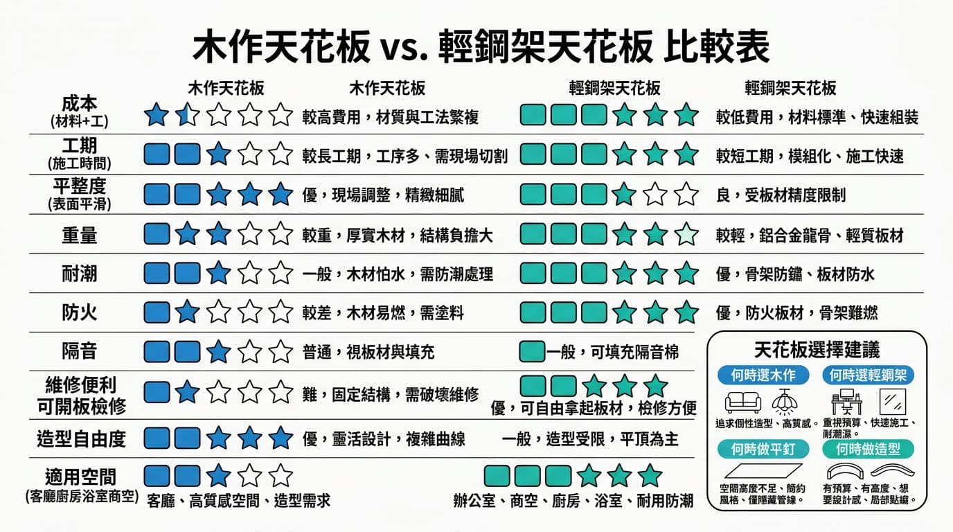 專業資訊圖表比較木作、輕鋼架、平釘、造型等室內天花板材料的成本、工期、平整度、重量、耐潮、防火、隔音、維修便利、造型自由度及適用空間，使用1-5等級星條圖示並附繁體中文註解與選擇建議框。現代白底風格，線條清晰適合部落格，無人物水印。