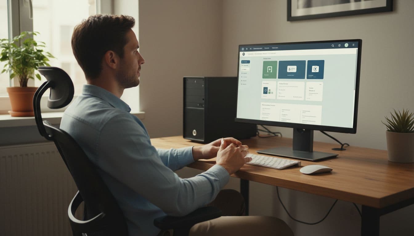 WordPress 網站和客製化網站架設的差異,怎麼選才不會越做越累? WordPress admin dashboard displayed on a computer screen in a cozy small business office, with one relaxed person sitting at the desk, simple modern theme, realistic photo style.
