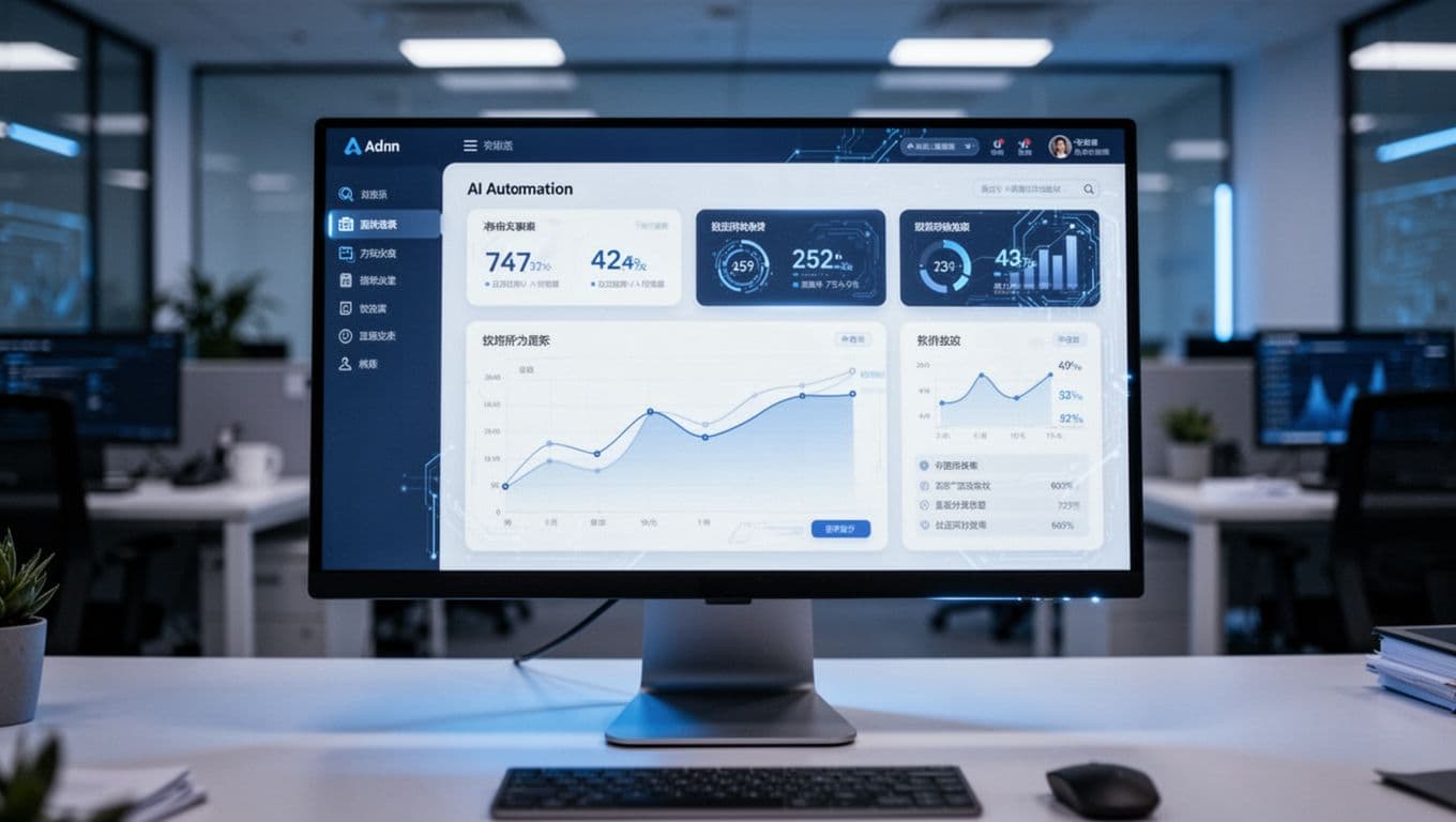 Professional realistic view of WordPress backend dashboard integrated with AI plugin interface displaying accounting automation module on a desktop computer screen in a blurred office environment with tech blue lighting.