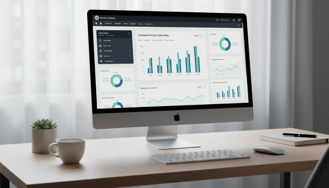 A clean, modern WordPress backend dashboard on a professional office desk computer screen, displaying AI-generated charts for beauty product sales and member data analysis in blue-green tones, no text or people visible.