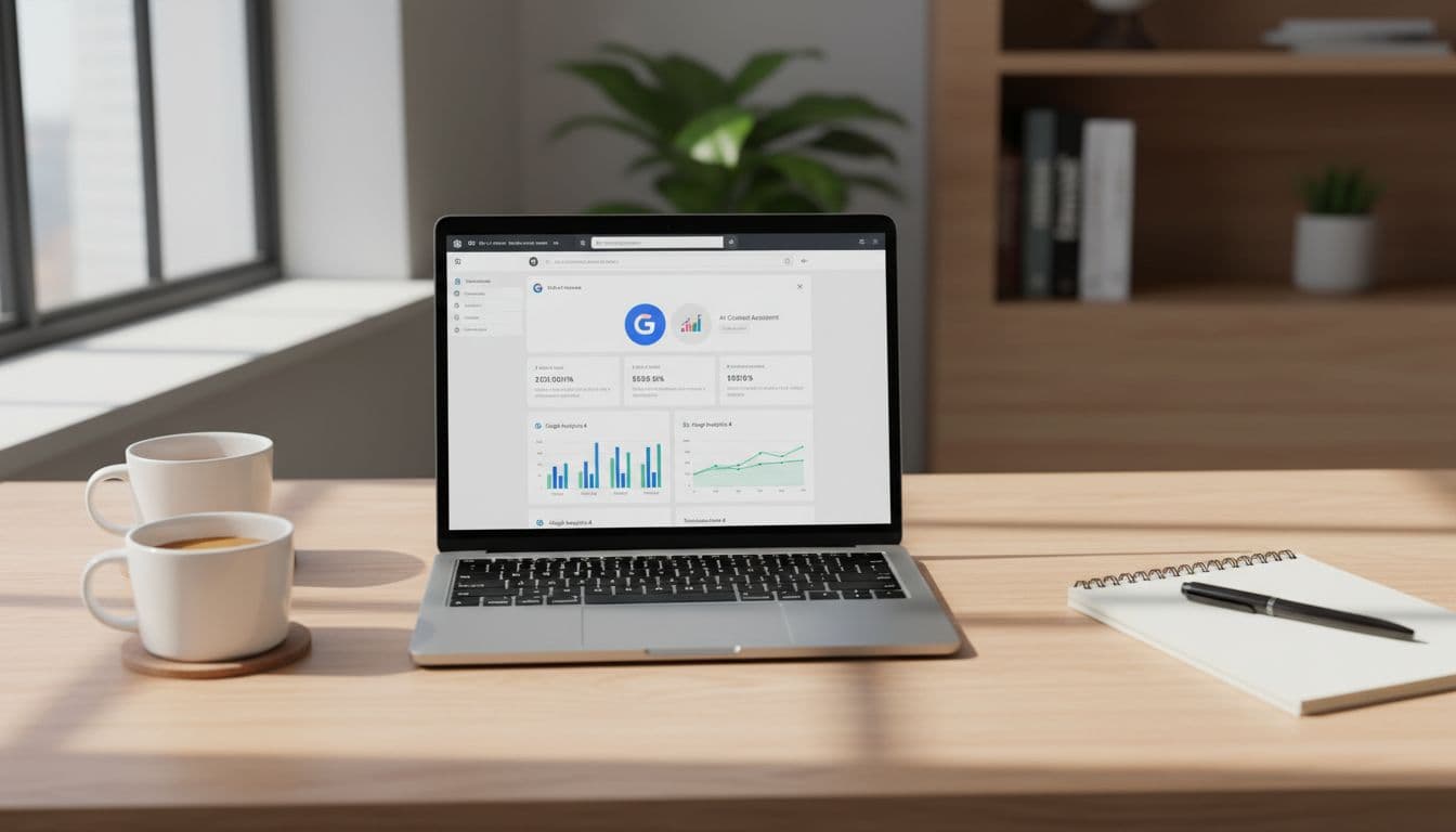 Modern office desk with open laptop showing WordPress dashboard featuring AI icons like Google Gemini and GA4 charts, coffee mug, notebook, natural daylight, realistic style.